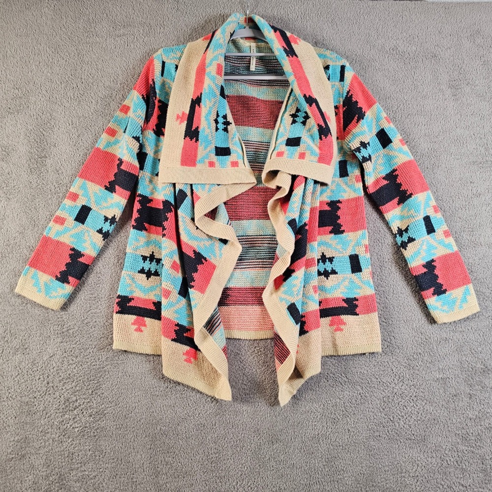 Kate Collection Southwestern Geometric Open Front Cardigan‎ Coral Blue Small